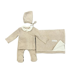 A complete flatlay of the Latte Baby 4-piece knit wrap, bonnet, and blanket set in sand.