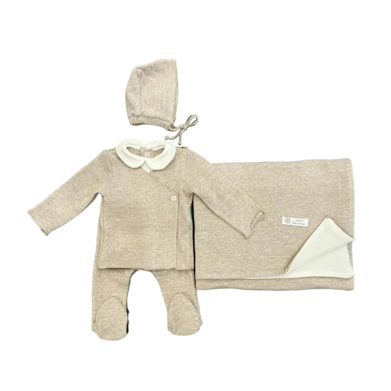 A complete flatlay of the Latte Baby 4-piece knit wrap, bonnet, and blanket set in sand.