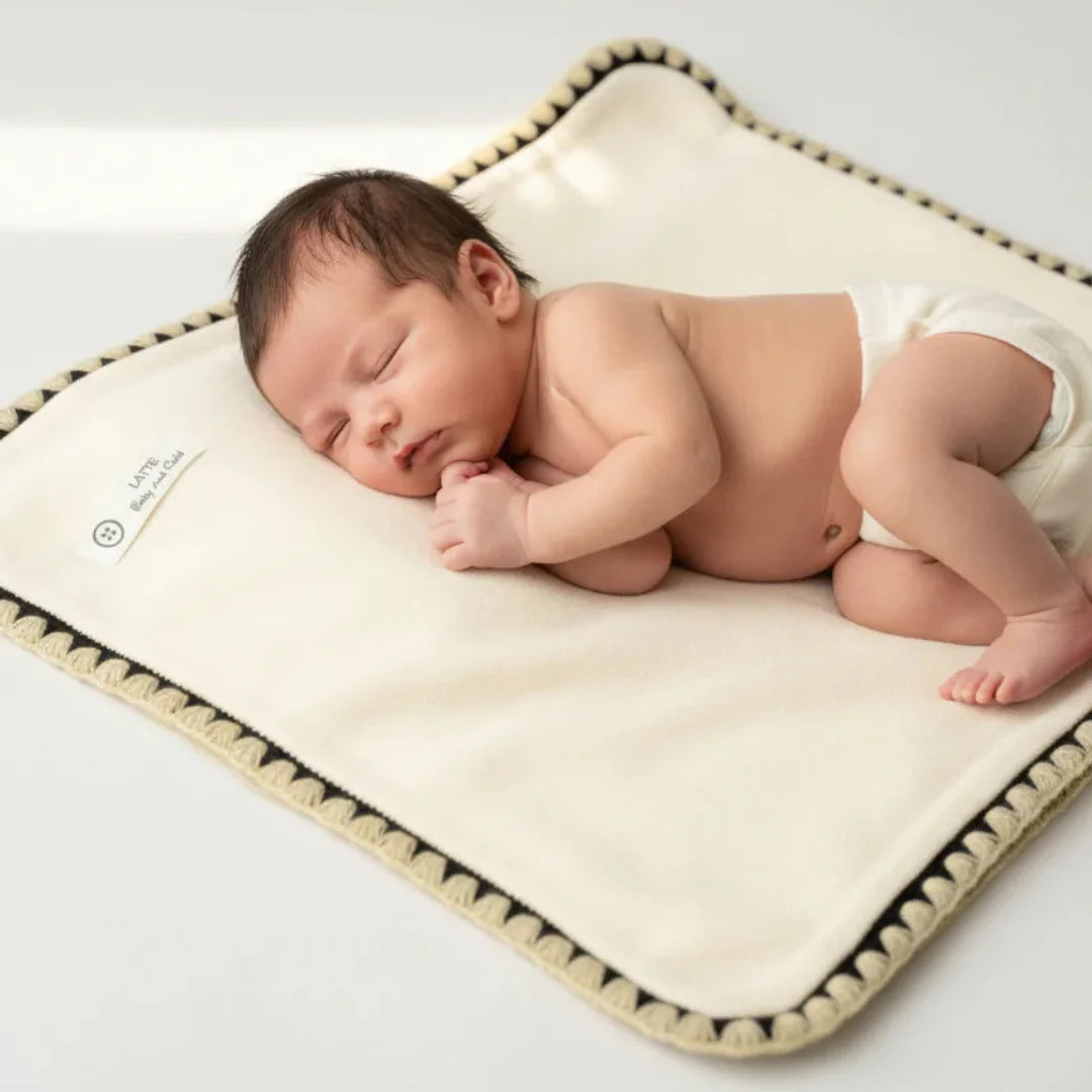 A serene nursery setting featuring the Latte Carousel Stitching Blanket.