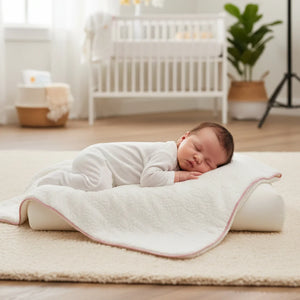 A beautiful nursery setting featuring the Latte jacquard blanket draped over a crib.