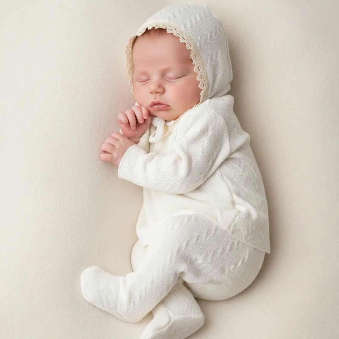 A sweet baby wearing the Latte lace trim set and bonnet for a classic boutique look.