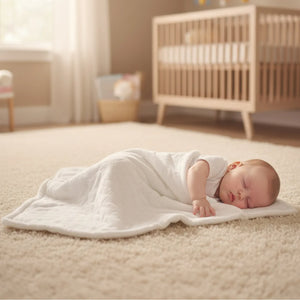 A stylish nursery setting featuring the Latte Treccia Quilted Blanket.