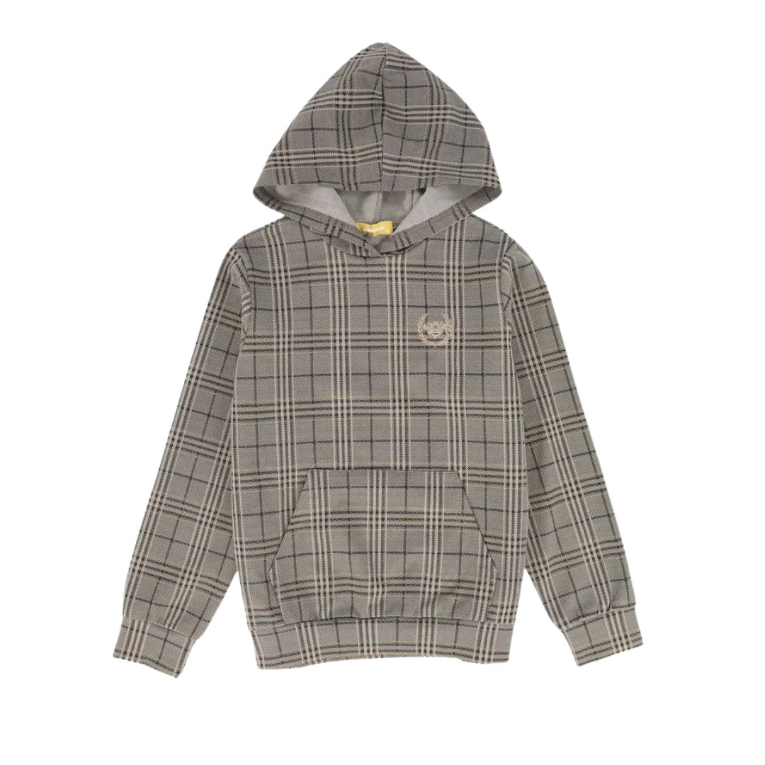 A front view of the Le Bourdon plaid print sweatshirt for children.