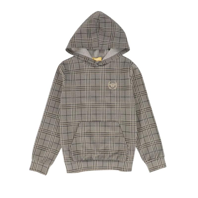 A front view of the Le Bourdon plaid print sweatshirt for children.