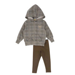 A front view of the Le Bourdon two-piece plaid print sweatshirt and pants set.