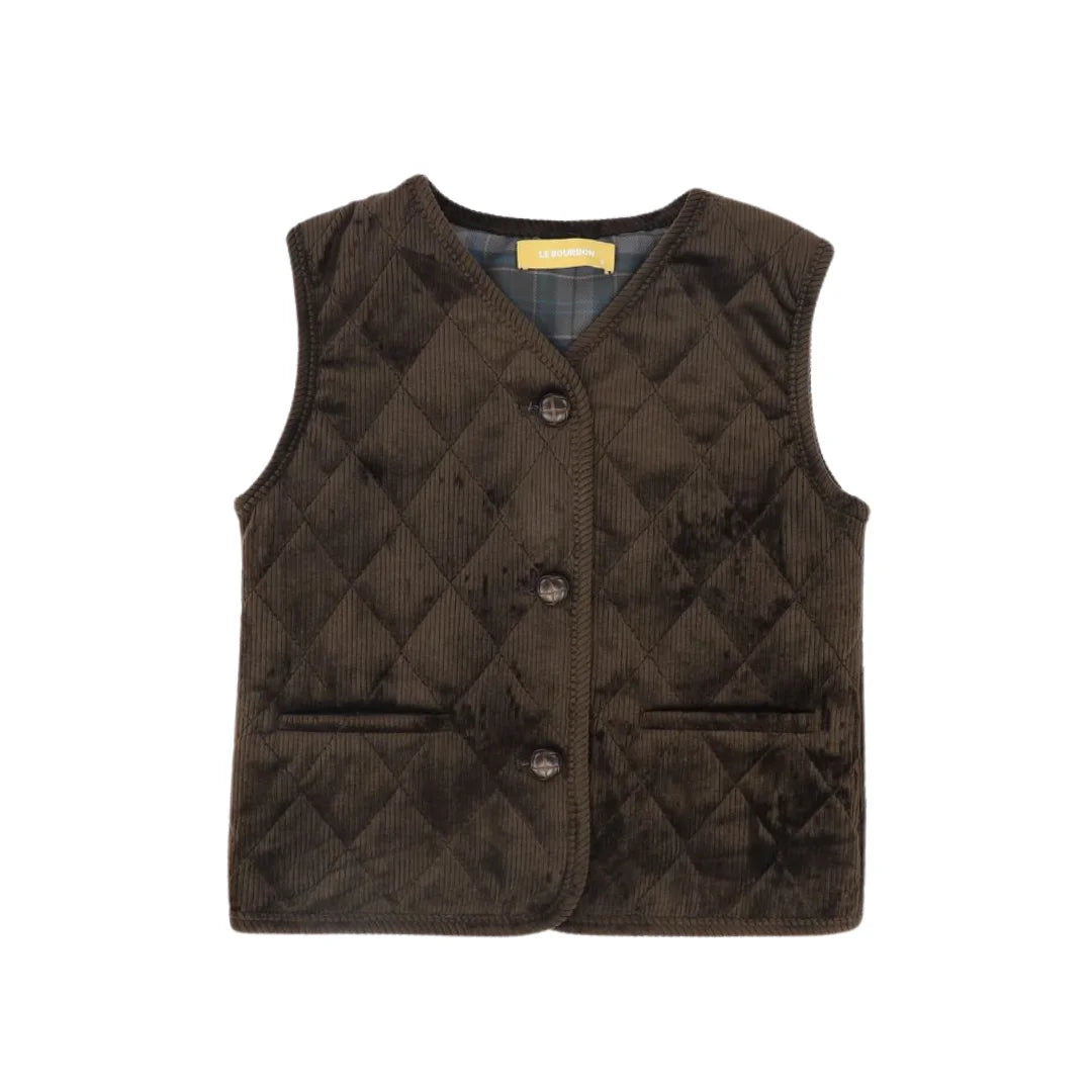 A front view of the Le Bourdon quilted corduroy vest for children.