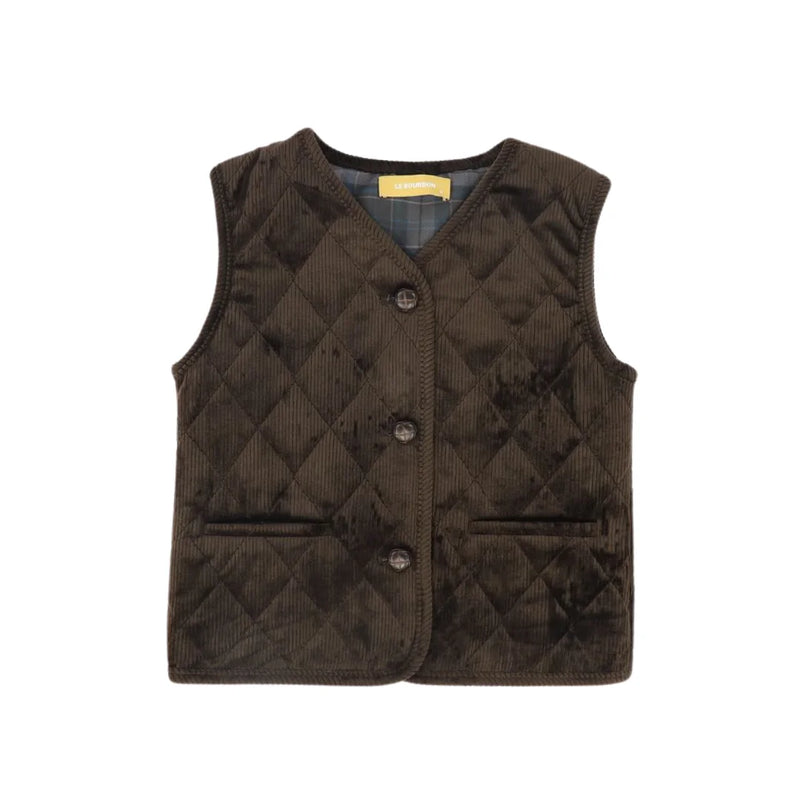 A front view of the Le Bourdon quilted corduroy vest for children.
