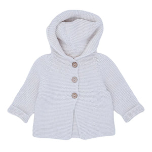 front view of the Li & Me knit hooded cardigan featuring soft buttons and an attached hood.