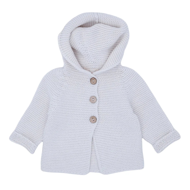 front view of the Li & Me knit hooded cardigan featuring soft buttons and an attached hood.
