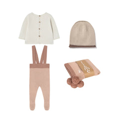 A front view of the Li & Me 4-piece knit set with suspenders in Candy Bloom.