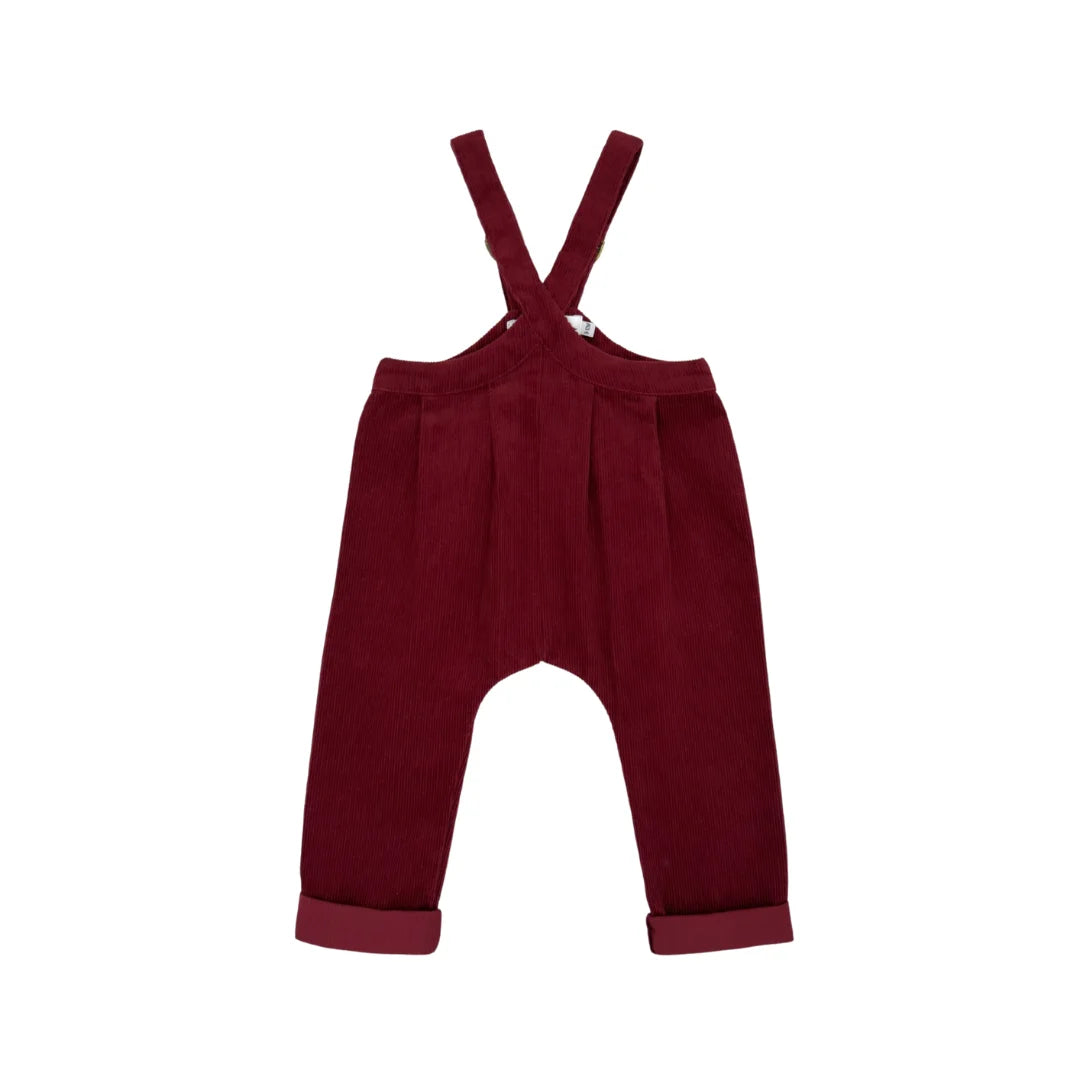 A front view of the Lillies Dream beetroot gingham children's suspender pants.