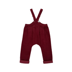 A front view of the Lillies Dream beetroot gingham children's suspender pants.