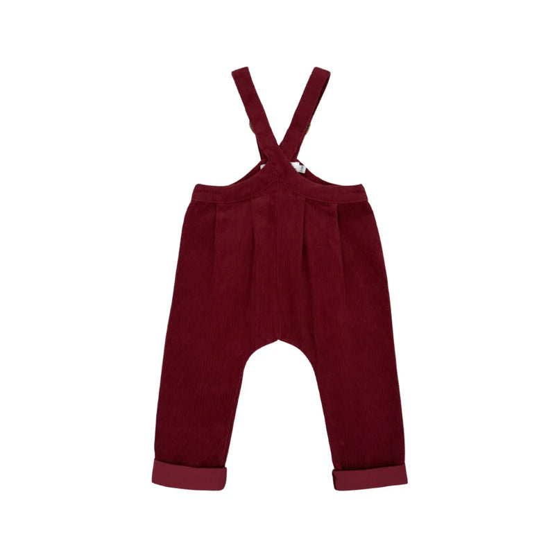 A front view of the Lillies Dream beetroot gingham children's suspender pants.