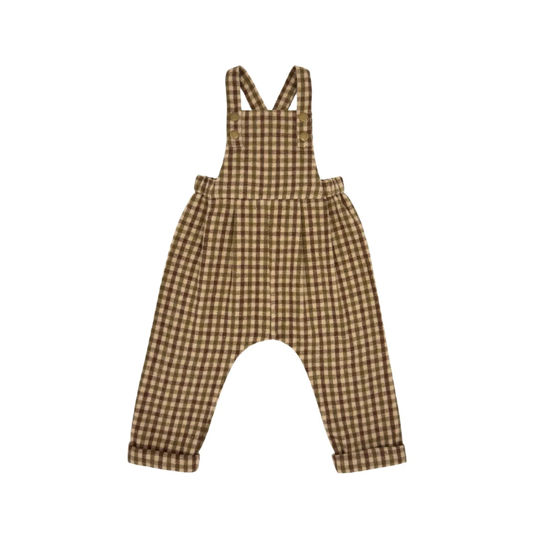 A front view of the Lillies Dream oak gingham children's overalls.