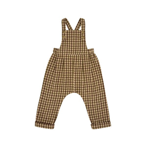 A front view of the Lillies Dream oak gingham children's overalls.