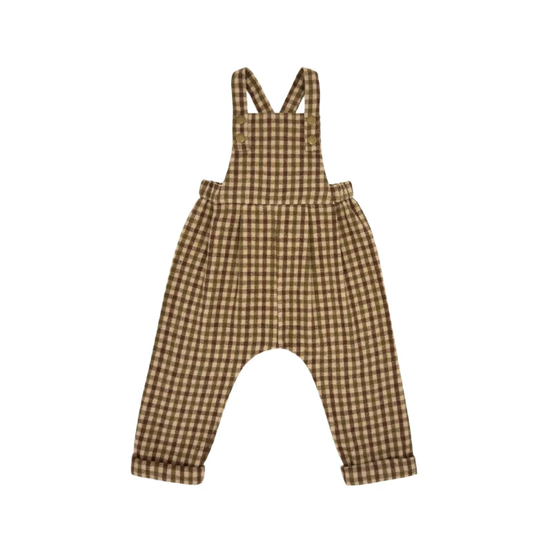A front view of the Lillies Dream oak gingham children's overalls.
