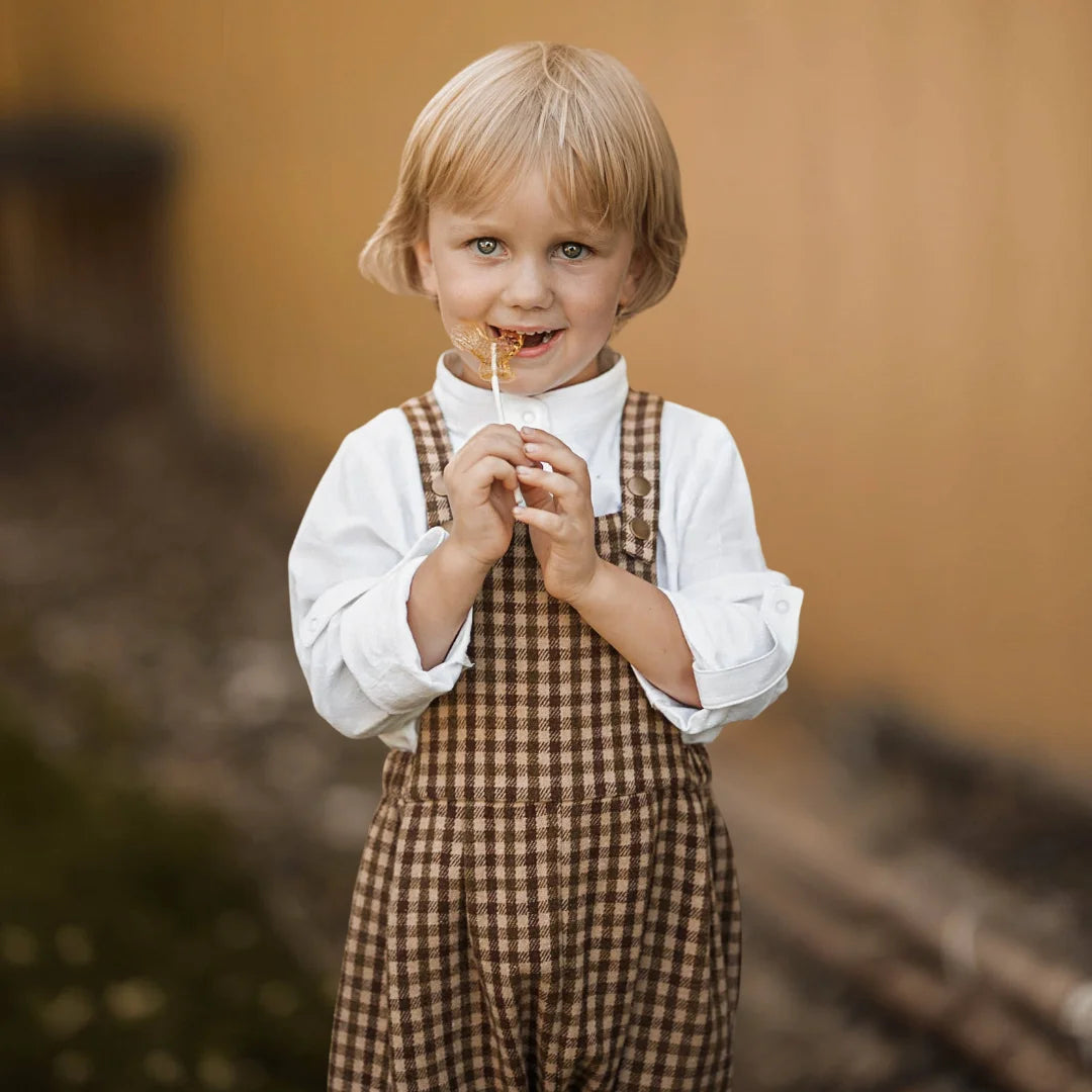 A child wearing the Lillies Dream gingham overalls happily during an outdoor outing.