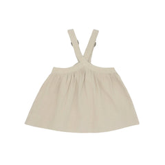 A front view of the Lillies Dream parchment gingham children's pinafore dress.