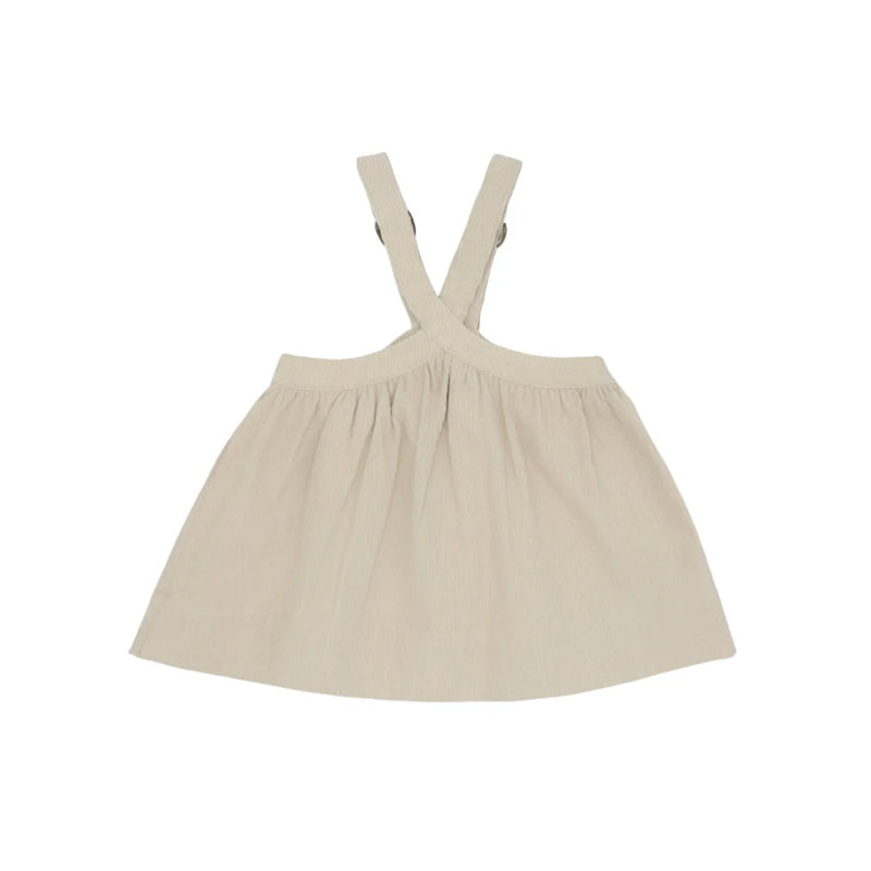 A front view of the Lillies Dream parchment gingham children's pinafore dress.