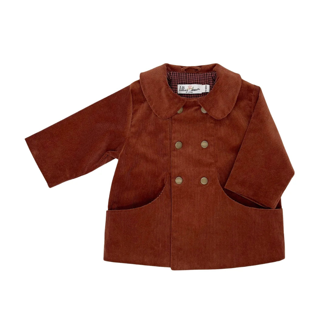 A front view of the Lillies Dream rosewood corduroy children's coat.
