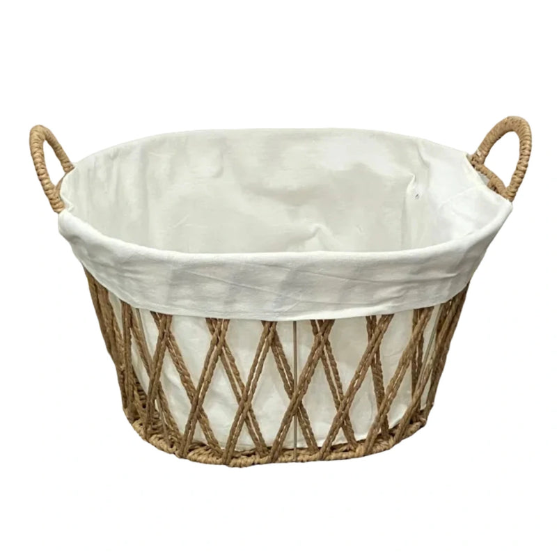 A sophisticated Lined Wicker Storage Basket with a crisp white cotton liner, showcasing its architectural weave and premium hand-crafted detail.