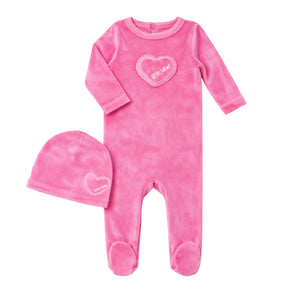 A front view of the Little Label hot pink velour baby footie and matching hat with heart detail.