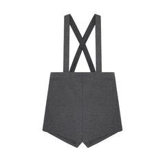 A front view of the Little Parni boys suspender shorts in grey.