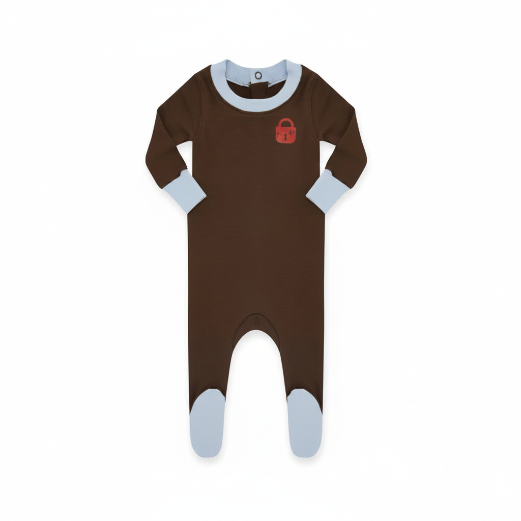 A baby footed one-piece sleeper in dark brown with light blue cuffs and toe caps, featuring a small red padlock graphic on the chest.