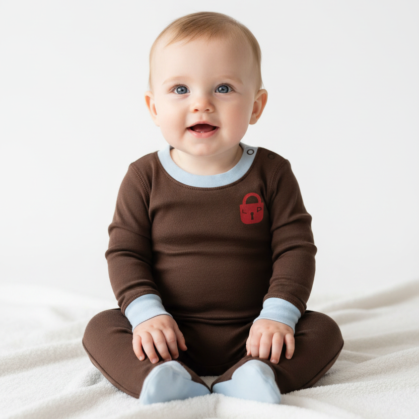 A baby sitting on a white blanket wearing a brown long-sleeve romper with light blue trim and light blue socks.
