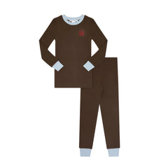 A front view of the Little Parni brown and light blue chestnut locket pajama set.