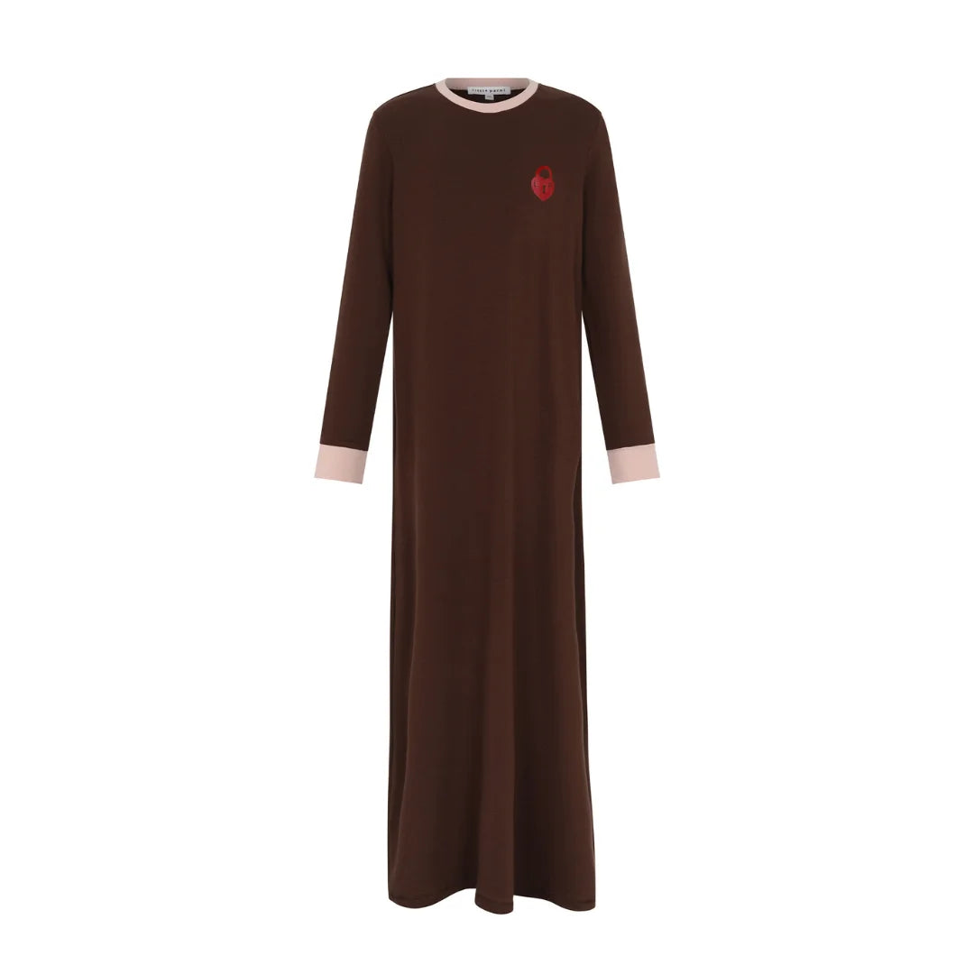 A front view of the Little Parni brown and pink chestnut locket newborn nightgown.
