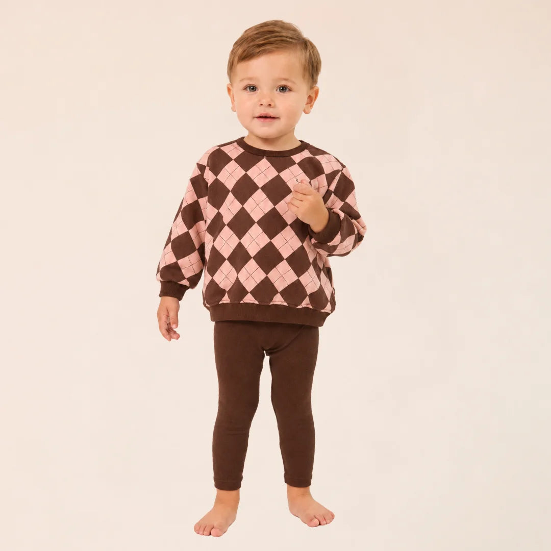 A front view of the Little Parni brown toddler argyle designer sweatshirt set.