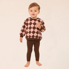 A front view of the Little Parni brown toddler argyle designer sweatshirt set.