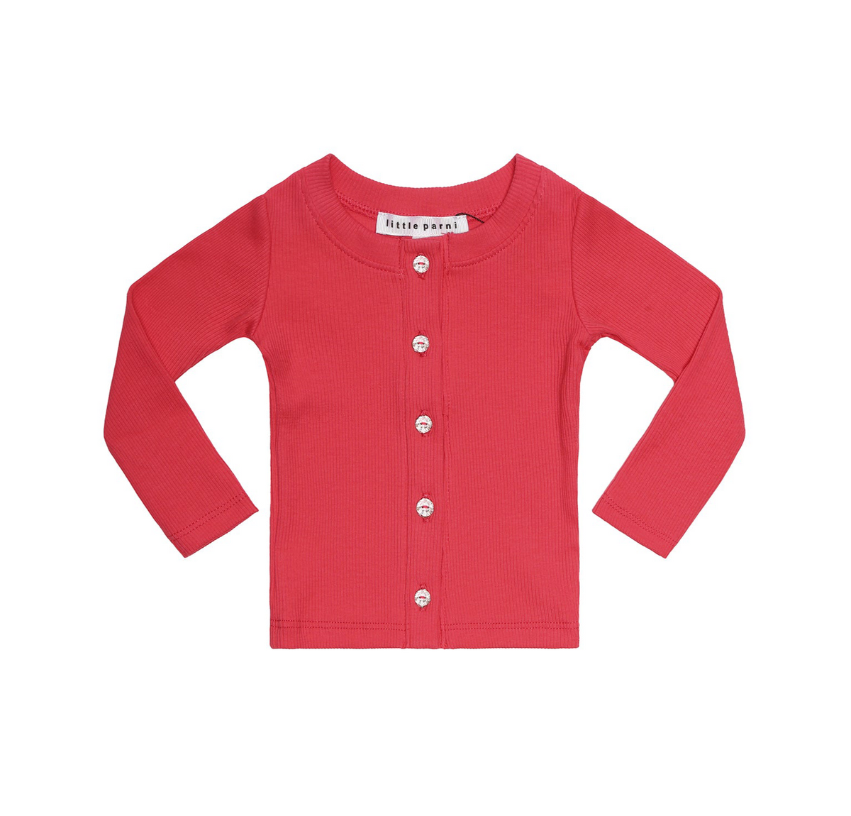 Red children's cardigan with white buttons on a white background