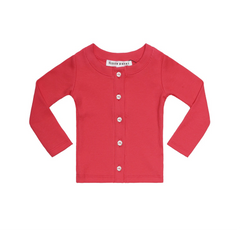 Red children's cardigan with white buttons on a white background