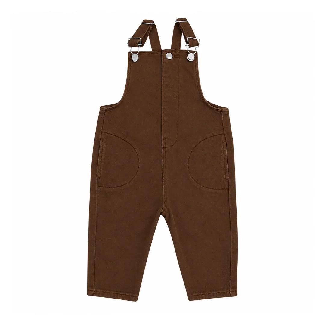 front view of the Little Parni brown denim long overalls.