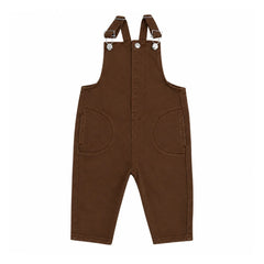 front view of the Little Parni brown denim long overalls.
