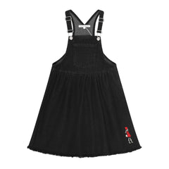 front view of the Little Parni black denim doll patch jumper.