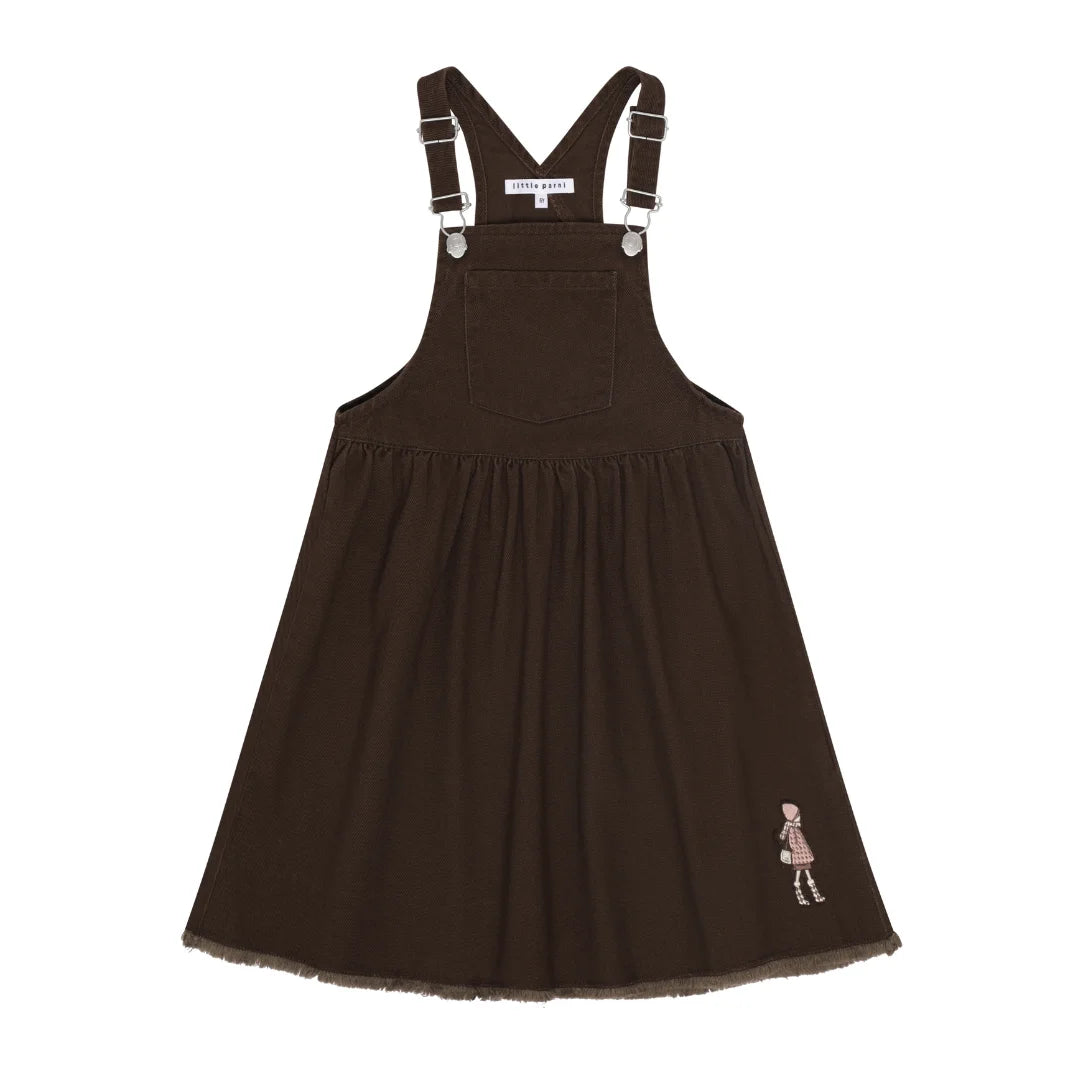 front view of the Little Parni brown denim doll patch jumper.