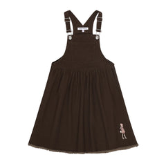 front view of the Little Parni brown denim doll patch jumper.
