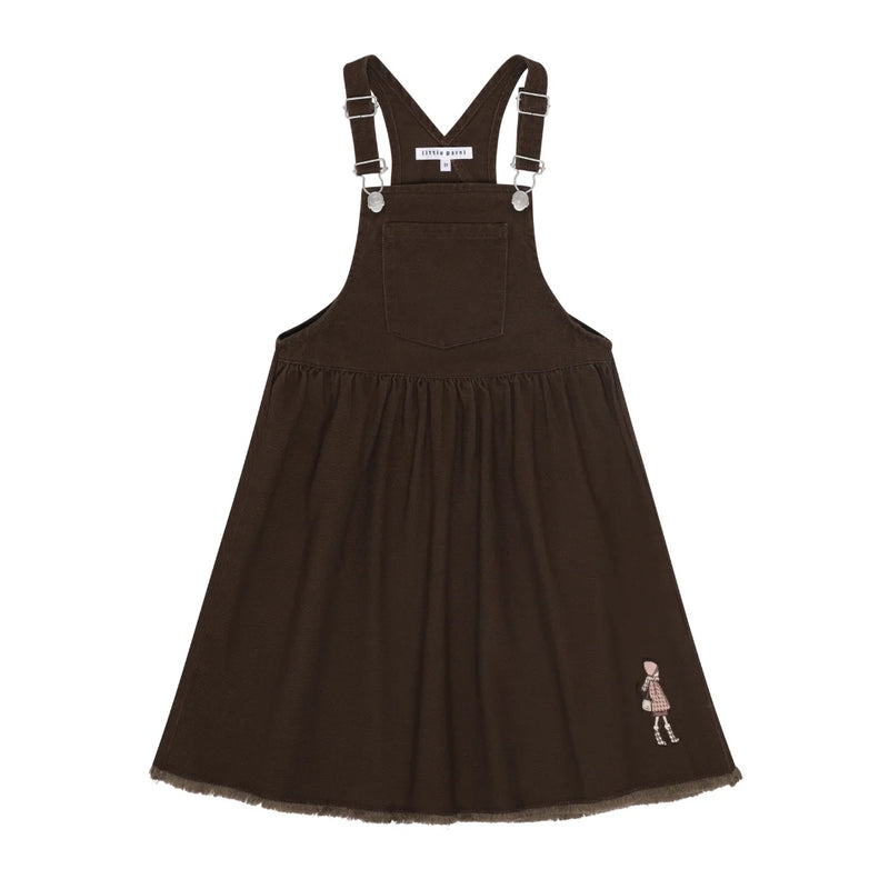 front view of the Little Parni brown denim doll patch jumper.