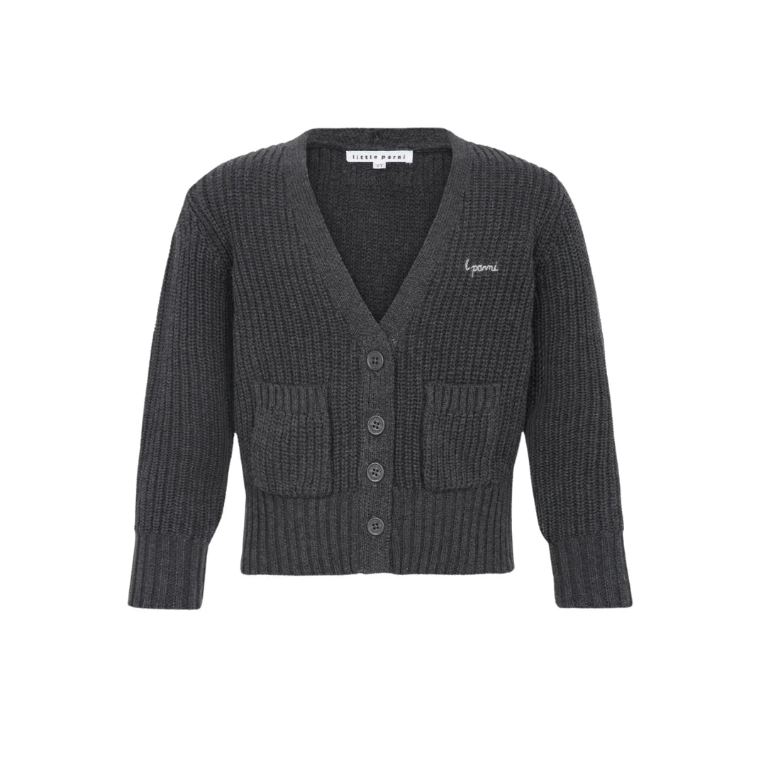 A front view of the Little Parni elegant cardigan in grey.