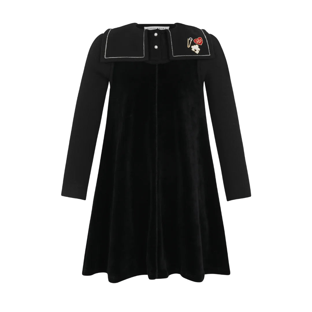 A front view of the Little Parni embroidered collar velour dress in black.
