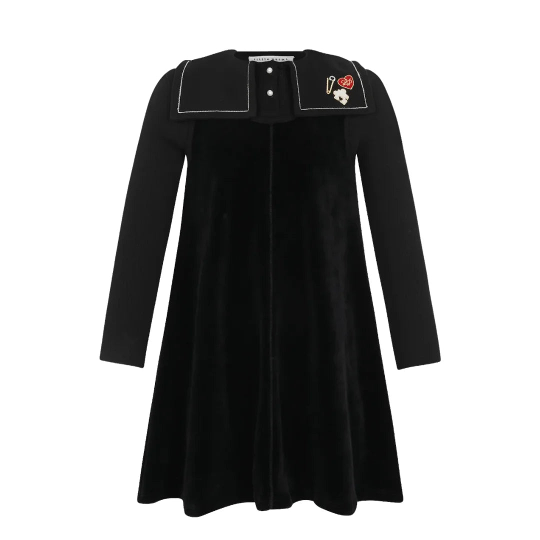 A front view of the Little Parni embroidered collar velour maxi in black.