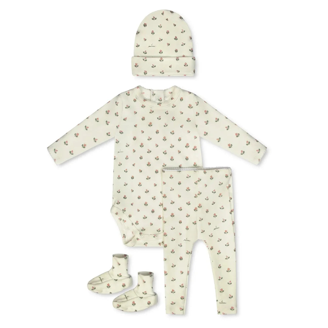 A breathtaking Little Parni Floral Layette Set featuring onesie, leggings, beanie, and booties, showcasing its authoritative architectural fit and refined botanical print 2