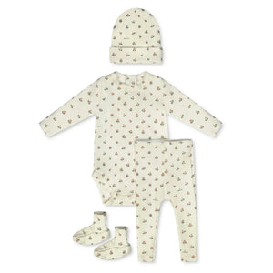 A breathtaking Little Parni Floral Layette Set featuring onesie, leggings, beanie, and booties, showcasing its authoritative architectural fit and refined botanical print 2