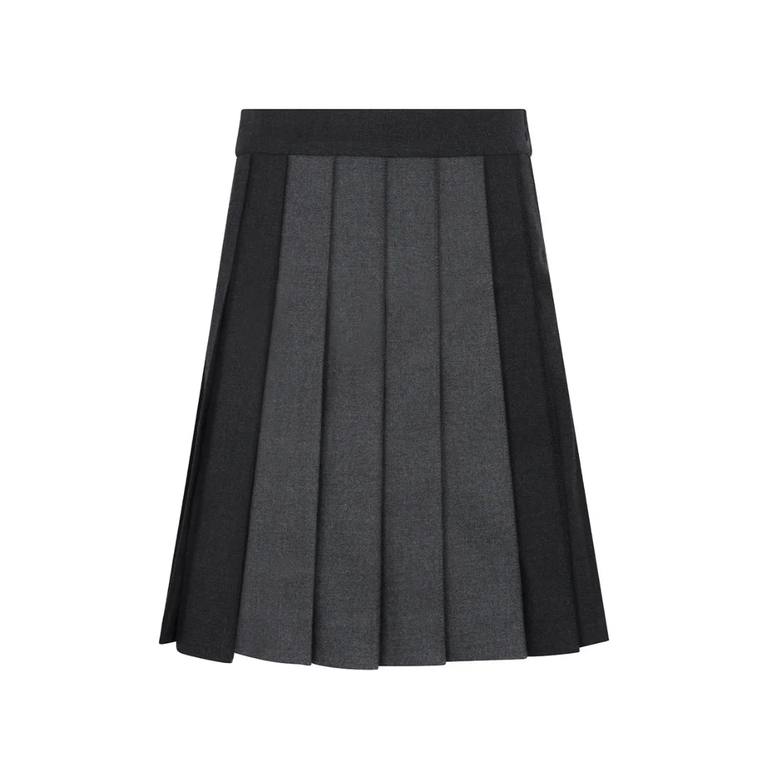 A front view of the Little Parni grey two-tone pleated skirt.