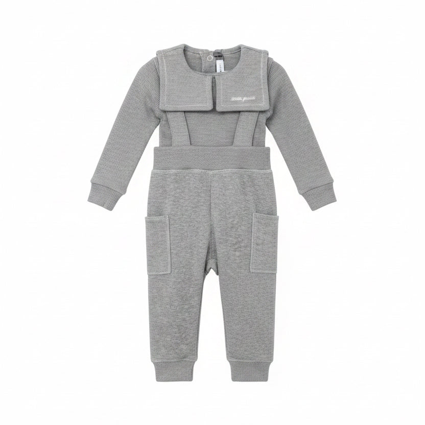 A front view of the Little Parni embroidered collar velour overall set in grey.