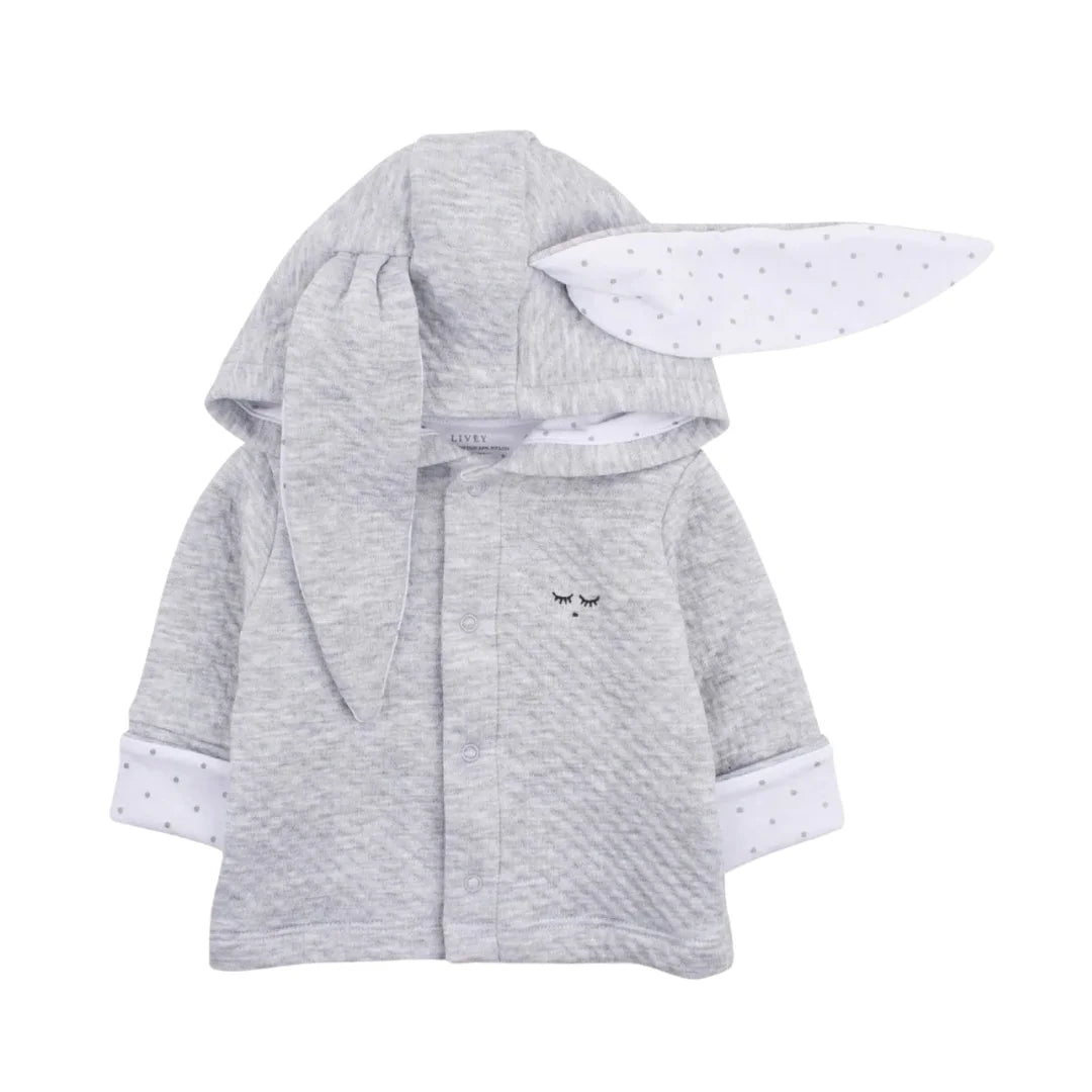 A front view of the grey Livly Bunny Cardigan with button details.