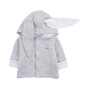 A front view of the grey Livly Bunny Cardigan with button details.